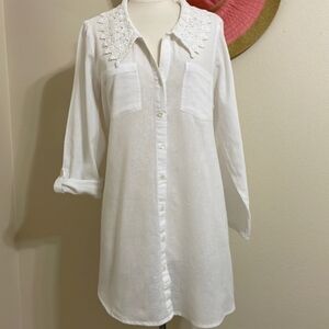 April Cornell White  Button-Up Tunic,Mini Dress Beach Cover Up with Lace Detail